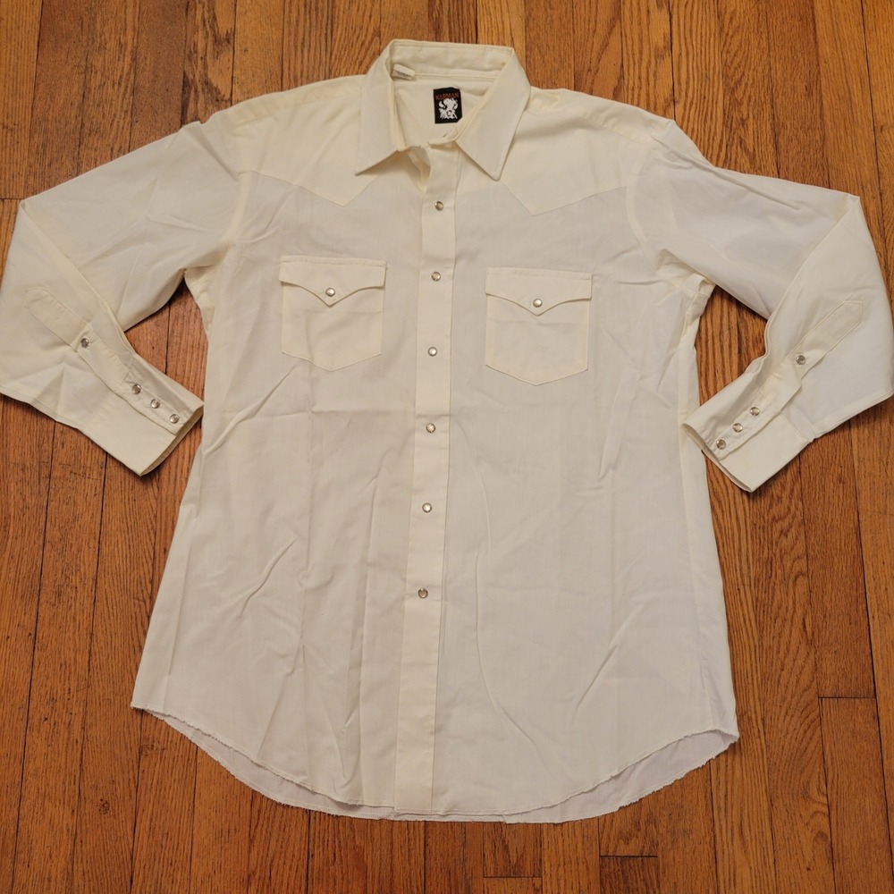 Karman 17 34 Western Shirt Cream Pearl Snap Long Tail USA Vintage Cowboy Rodeo